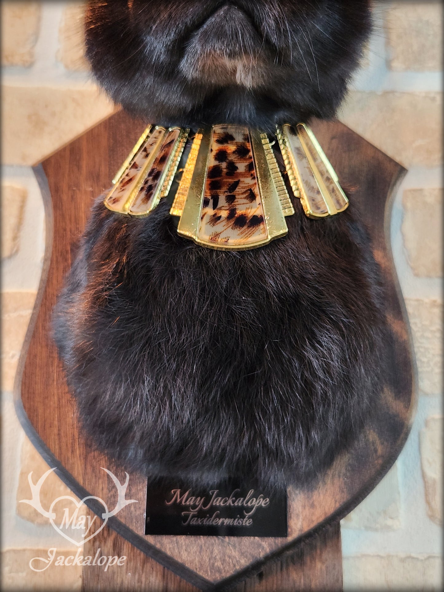 Black Jackalope taxidermy with dark eyes, black antlers replica & necklace.