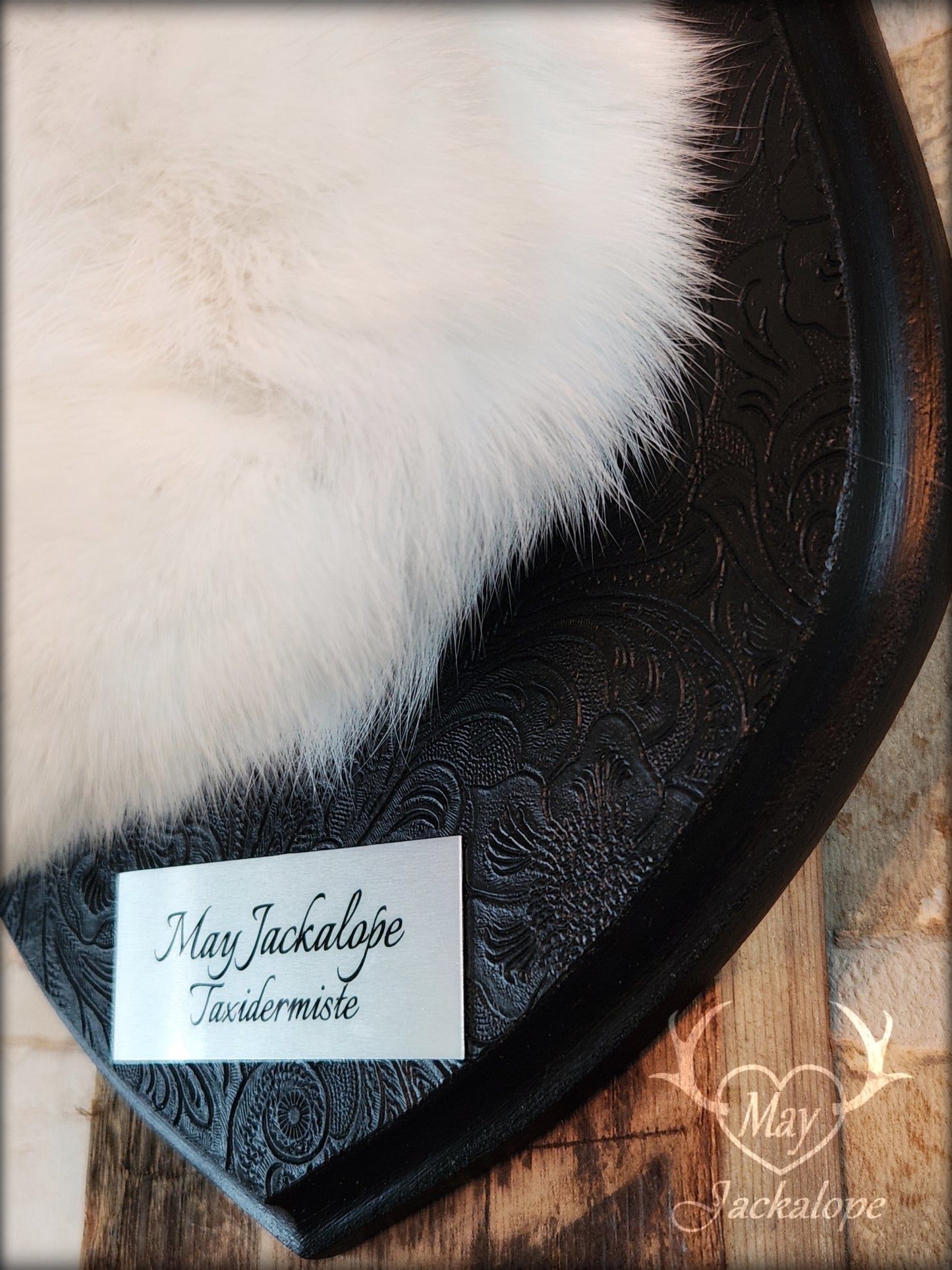 Black & white Jackalope taxidermy with black horns replica, dark eyes & with a necklace.