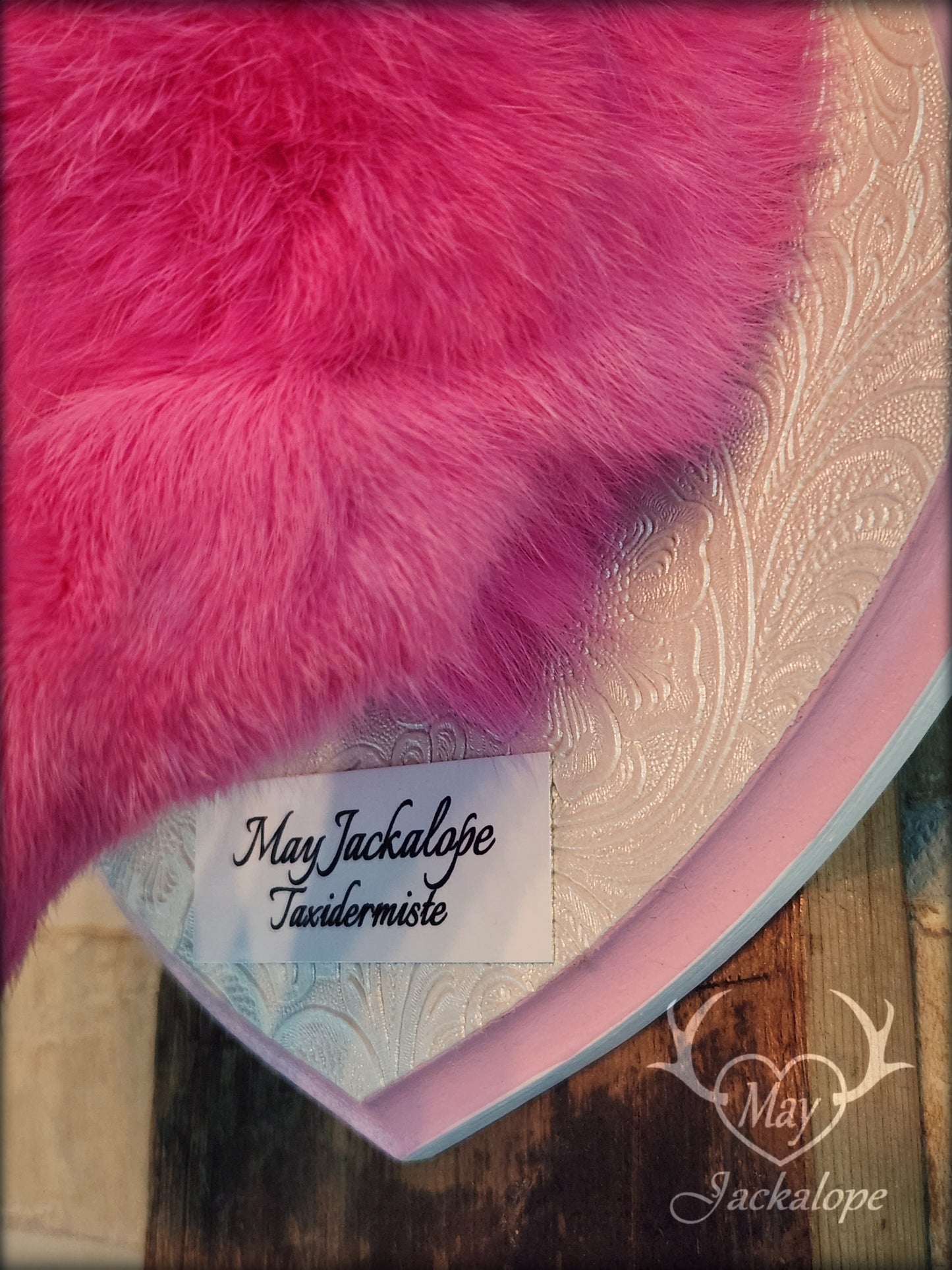 Taxidermie Jackalope rose avec réplique de cornes blanches et yeux albinos
