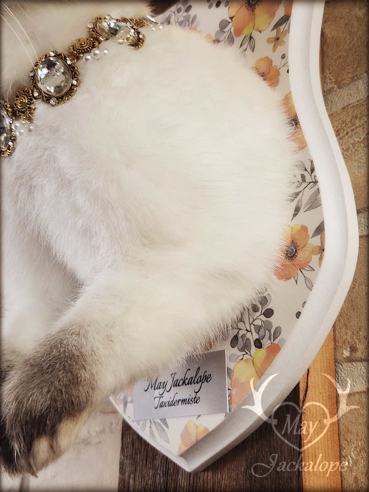 White and grey Jackalope taxidermy with yellow eyes and real antlers