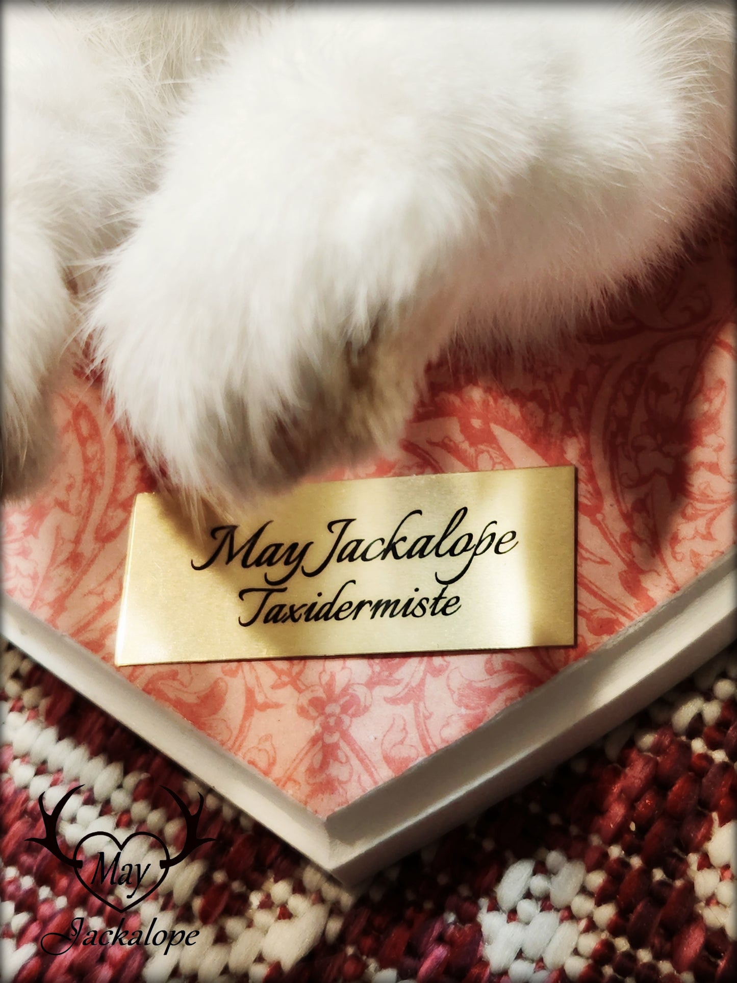 White Jackalope taxidermy with white antlers replica & red albino eyes