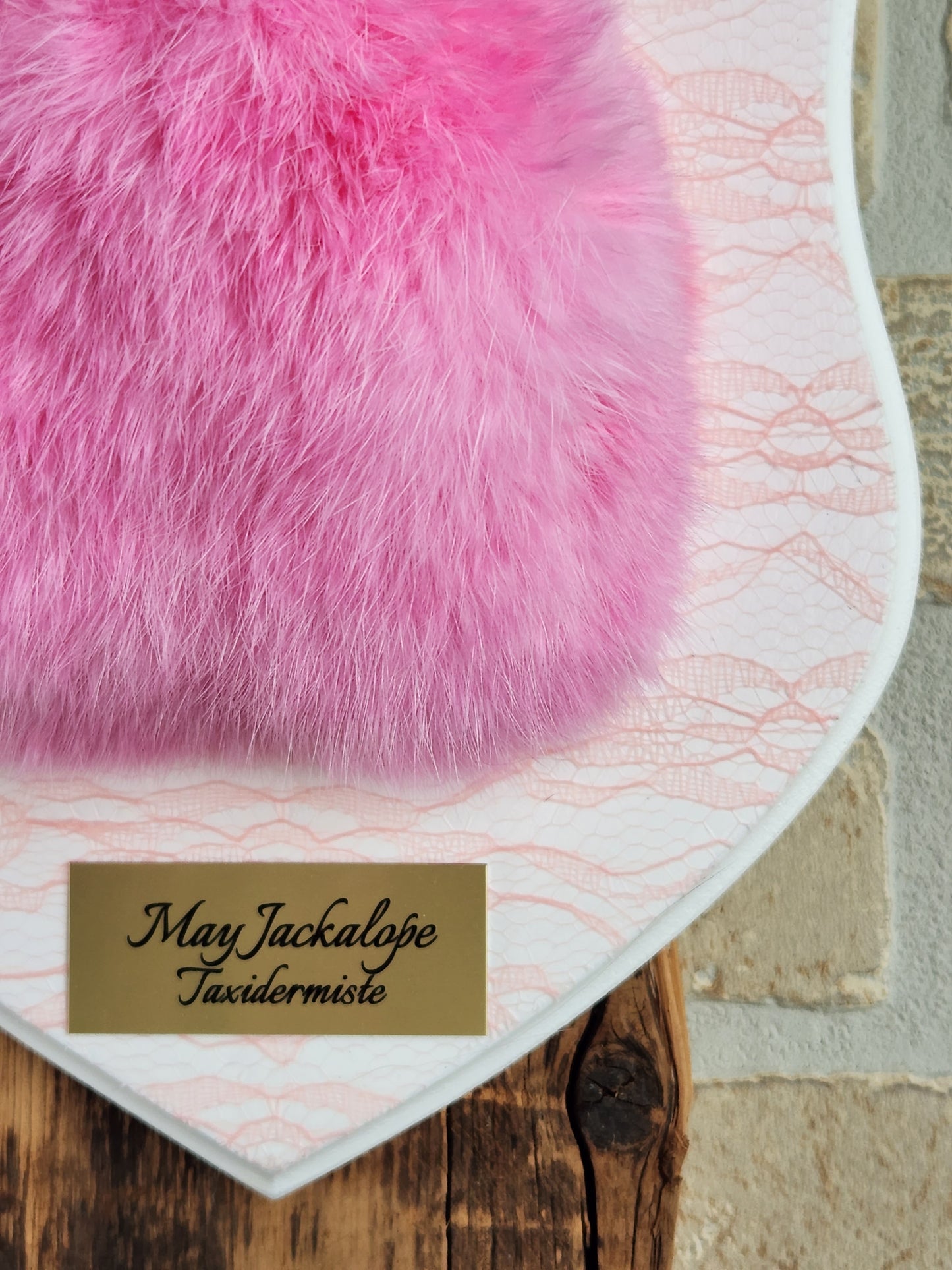 Pink Jackalope taxidermy with white antlers replica & red albino eyes
