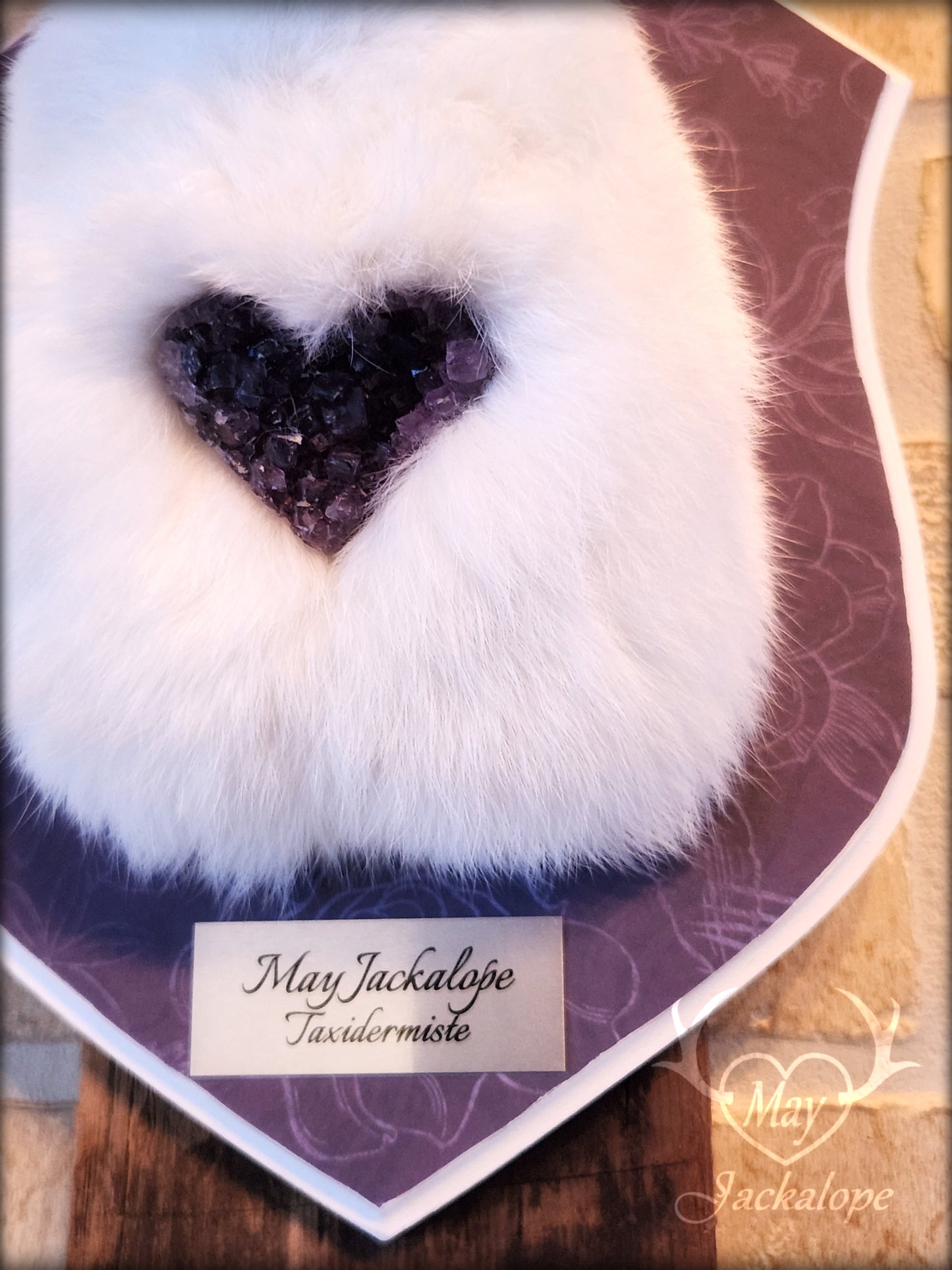 White Jackalope taxidermy with white antlers replica & real amethyst heart
