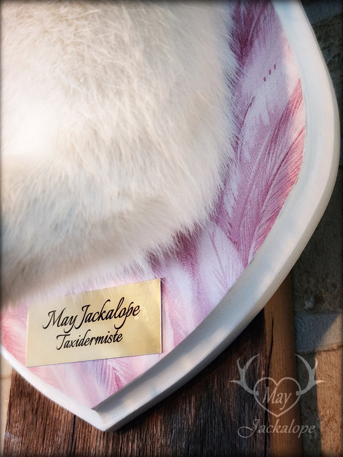 Taxidermie de Jackalope blanc aux yeux albinos, réplique depanache blancs avec un collier