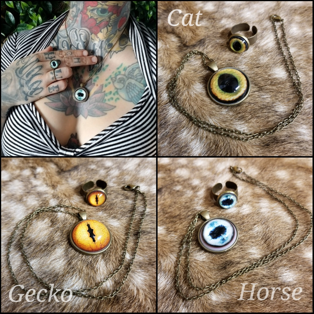 Duo of pendant & adjustable ring with taxidermy eye